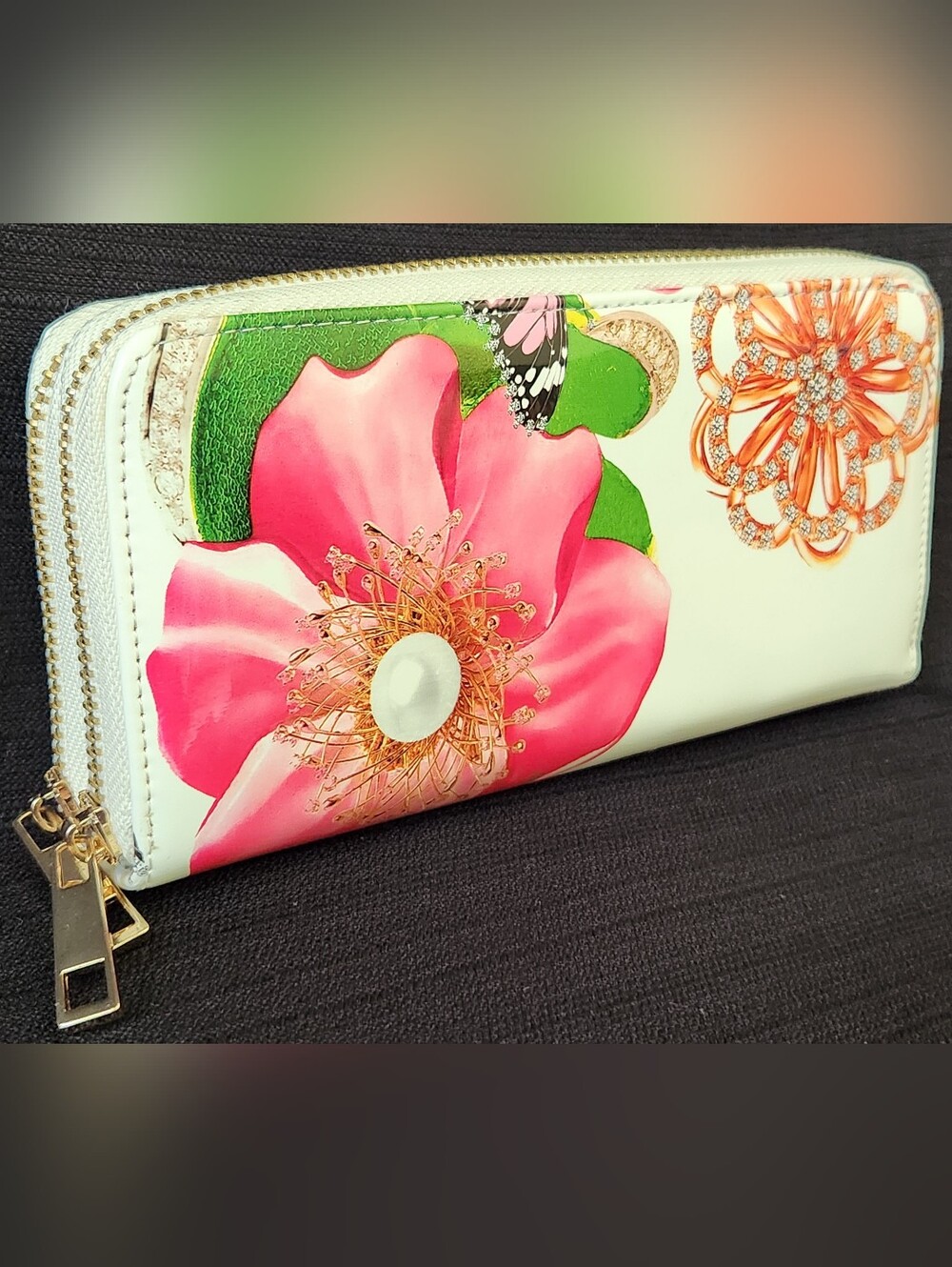 Floral Butterfly Print Double Zip Around Wallet White Patent Faux Leather Clutch - Picture 4 of 16